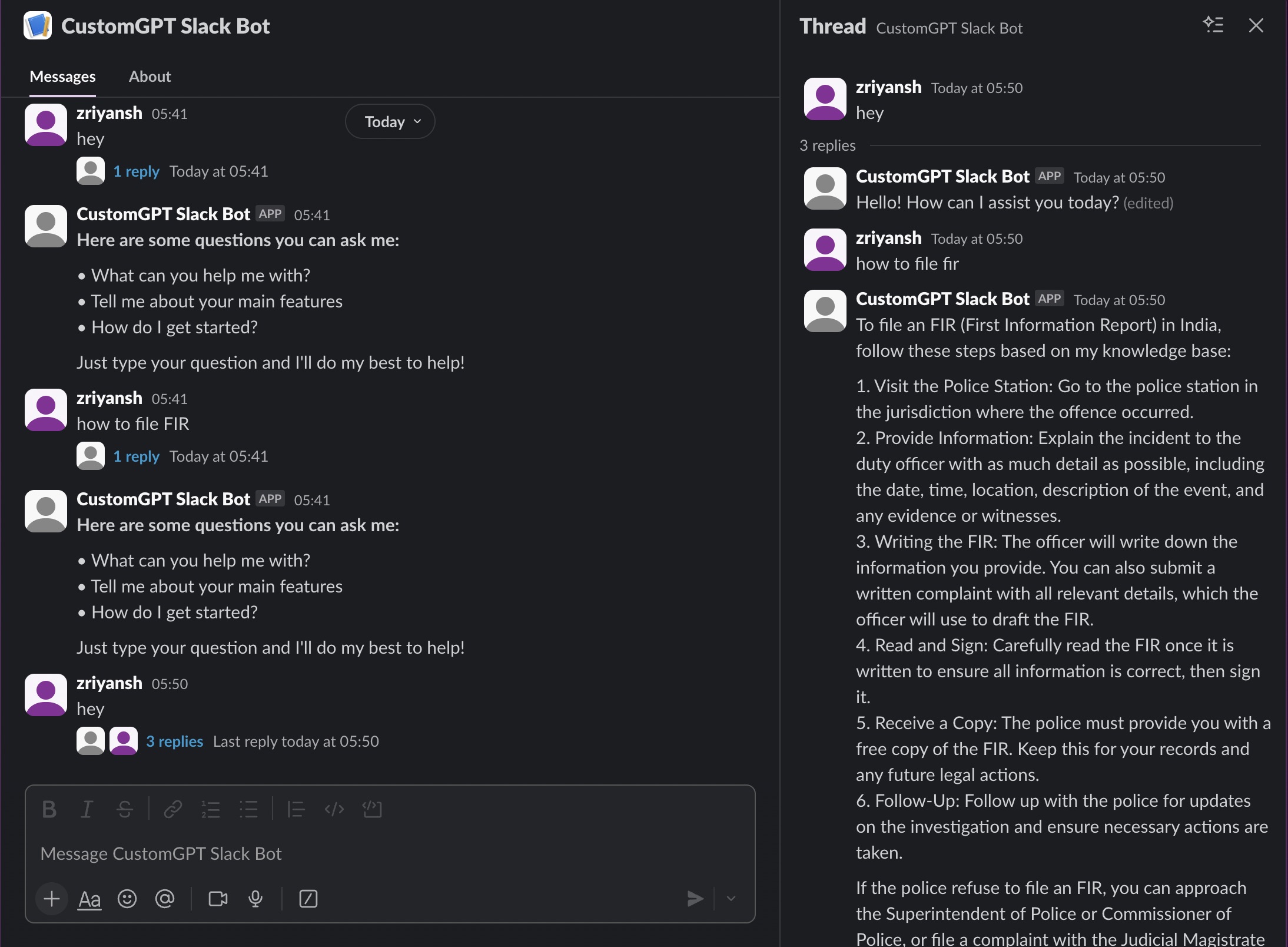 Slack Bot interface preview